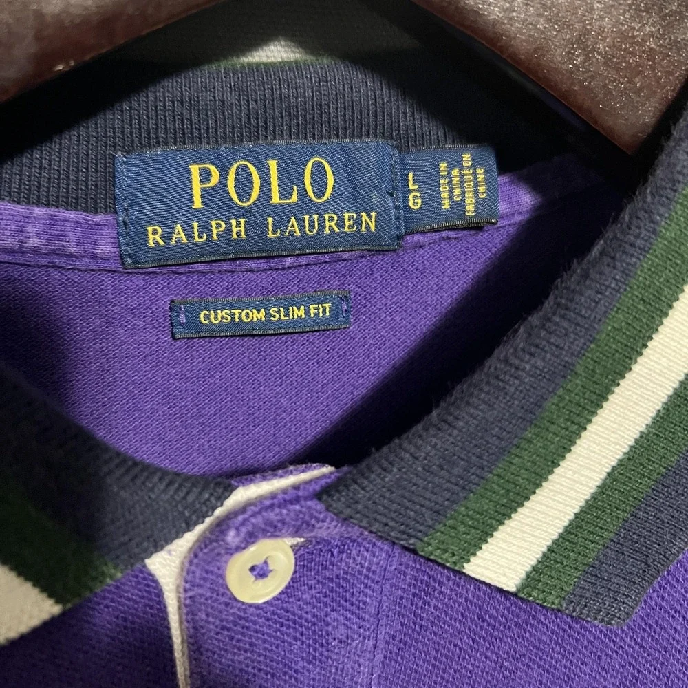 Polo Ralph Lauren Polo Shirt Mens L Purple Custom Slim Fit Big Pony 3 Striped